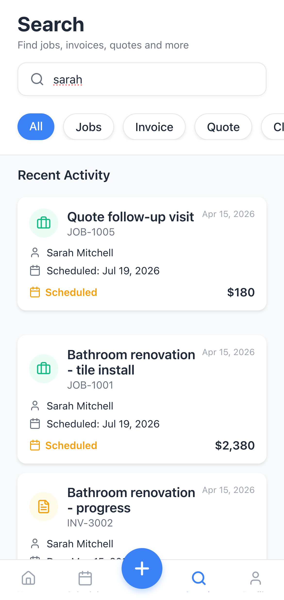 Searching a client in Jobbit — jobs, quotes and invoices in one place
