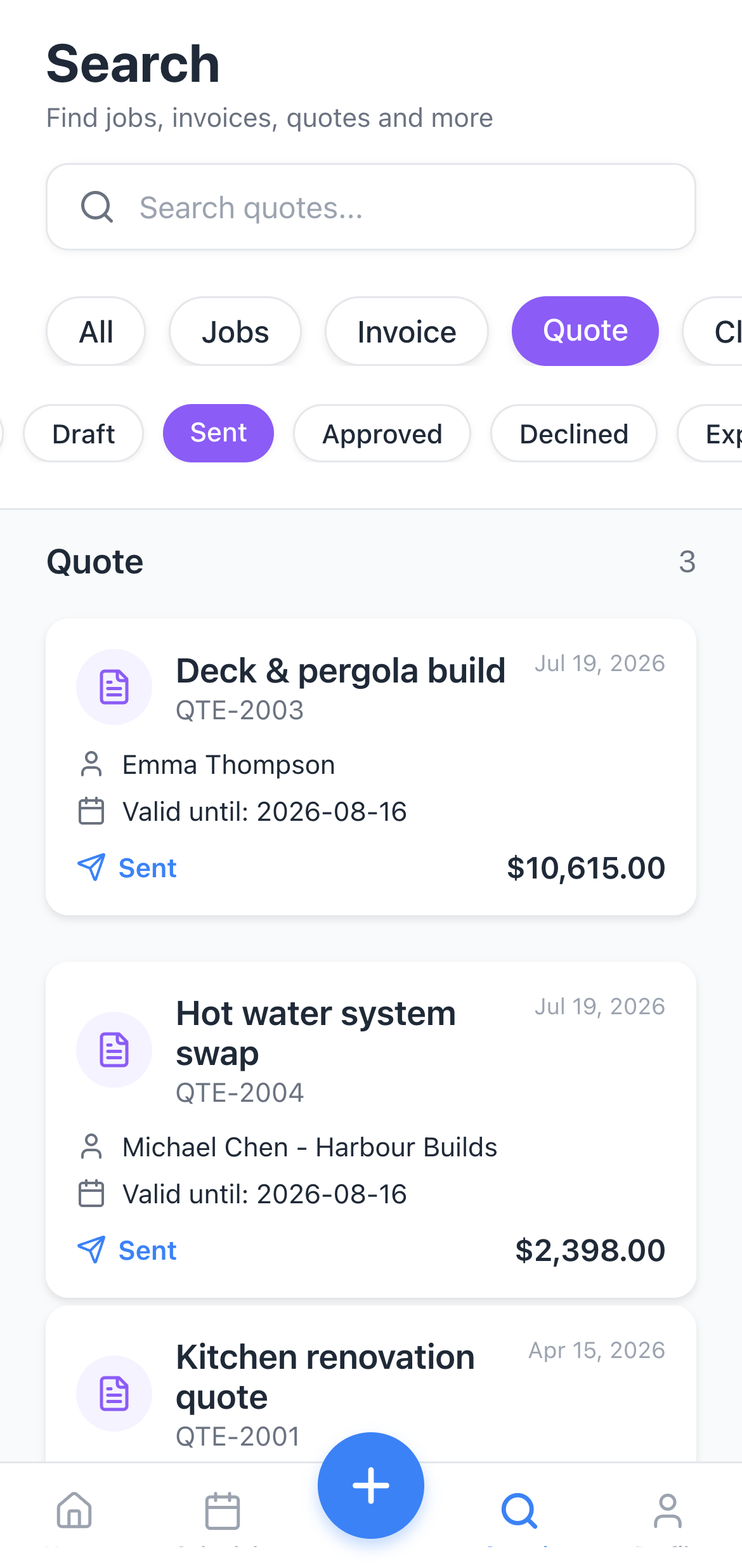 Quotes tab of the Jobbit search screen